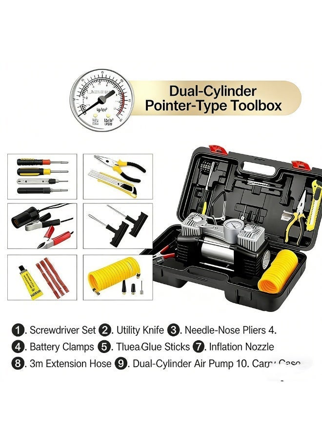 Dual-Cylinder Analog Air Compressor with Metal Housing & Tool Kit – 150PSI Car Tire Inflator with LED Light, 3m Hose & Battery Clamps for SUV, Truck, Bike, Ball, Mattress - Image 2